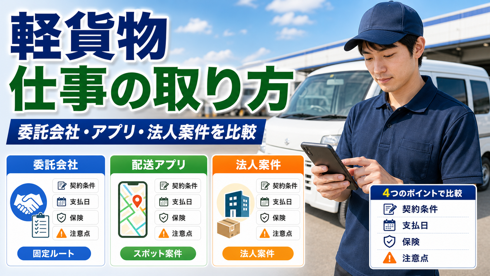 軽貨物の仕事の取り方を委託会社・配送アプリ・法人案件で比較するサムネイル