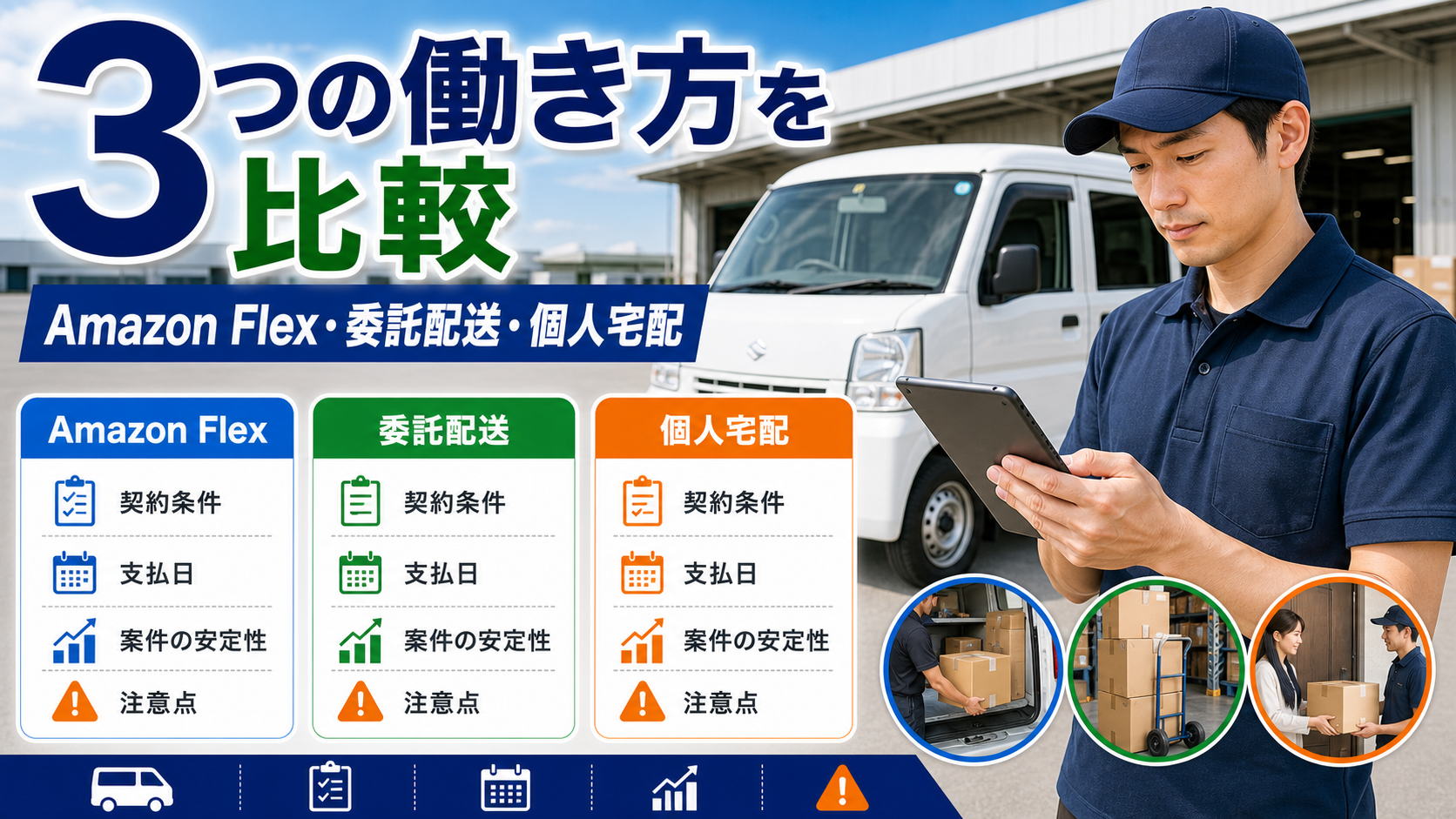 Amazon Flex・委託配送・個人宅配の違いを比較する軽貨物ドライバー向けサムネイル