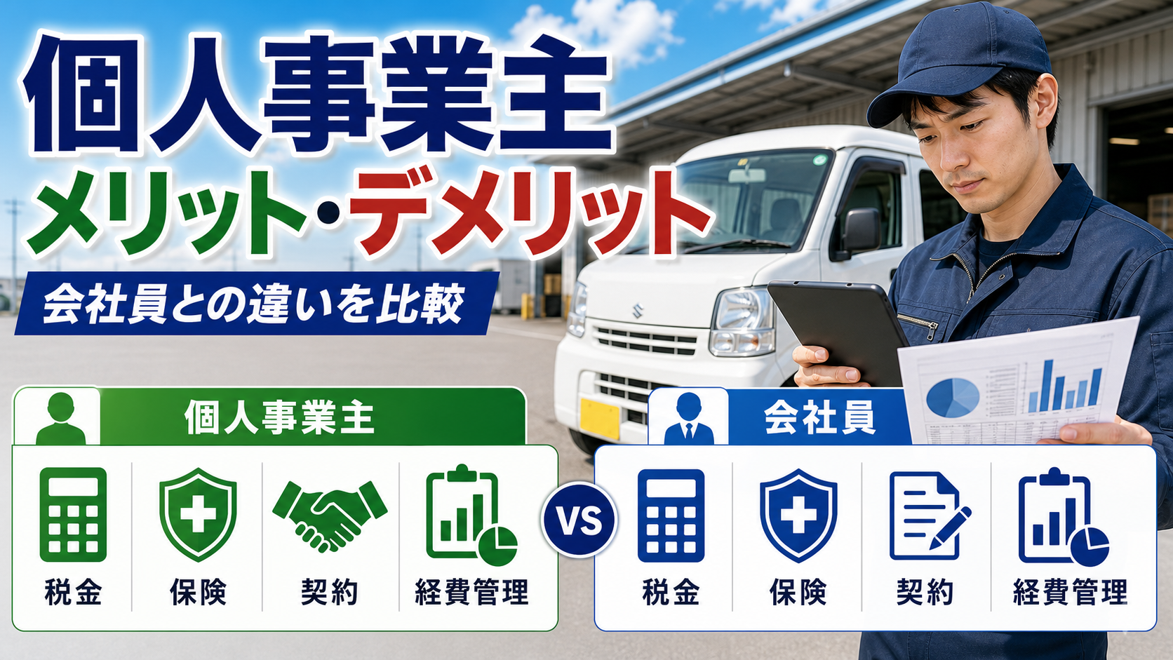 軽貨物の個人事業主メリット・デメリットと会社員との違いを比較するサムネイル