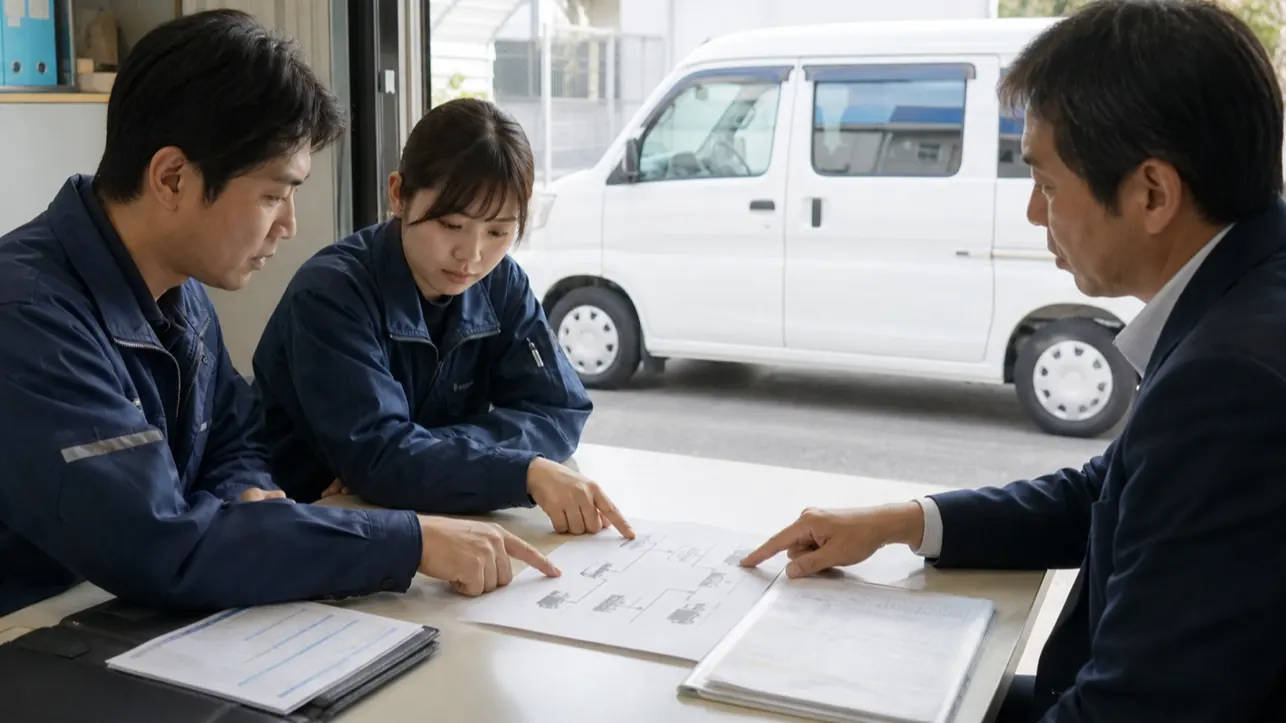 荷主と配送会社が契約相手と実運送者の流れを確認する会議