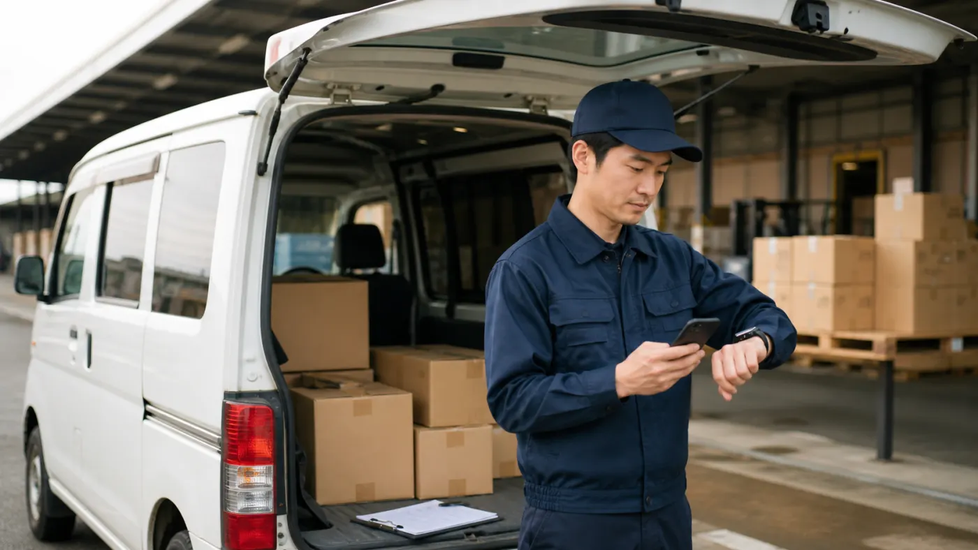 追加の積み下ろし作業をスマートフォンで記録する軽貨物ドライバー