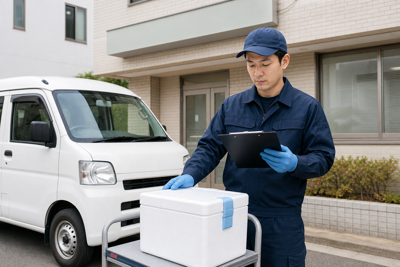 医薬品配送 個人事業主が保冷箱と受け渡し記録を確認するイメージ