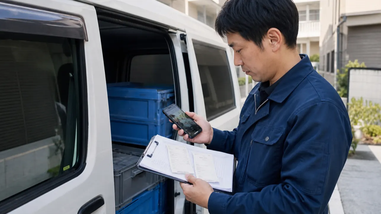 軽貨物ドライバーが有料道路代と追加作業の記録を整理する様子