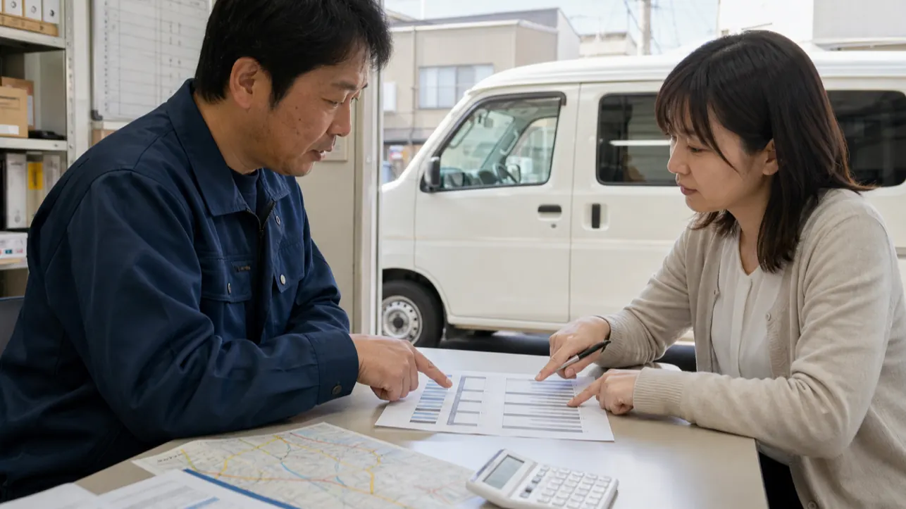 軽貨物ドライバーと配車担当が待機や付帯作業を分けて単価を協議する様子