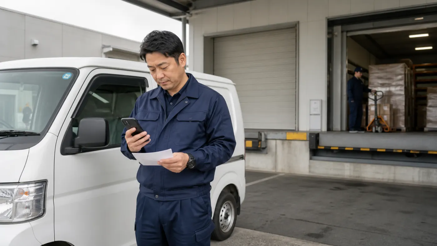 倉庫で待機時間を記録する軽貨物ドライバー