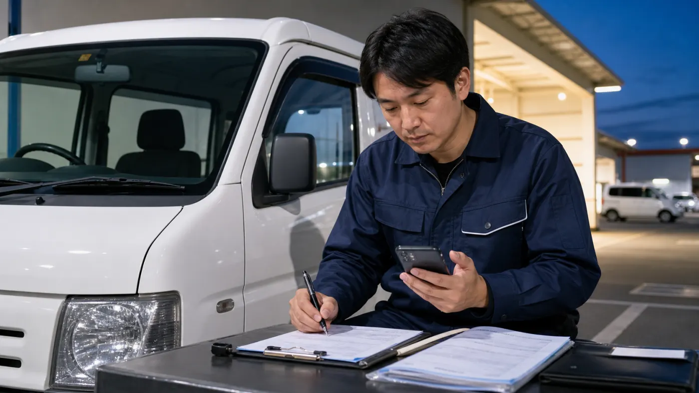 終業時に走行距離と異常の有無を確定する軽貨物ドライバー