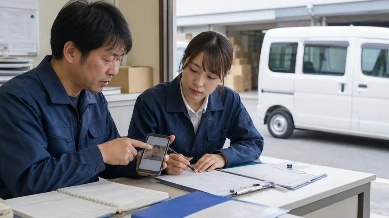 軽貨物ドライバーと配車担当が事故時の写真と業務記録を照合する様子