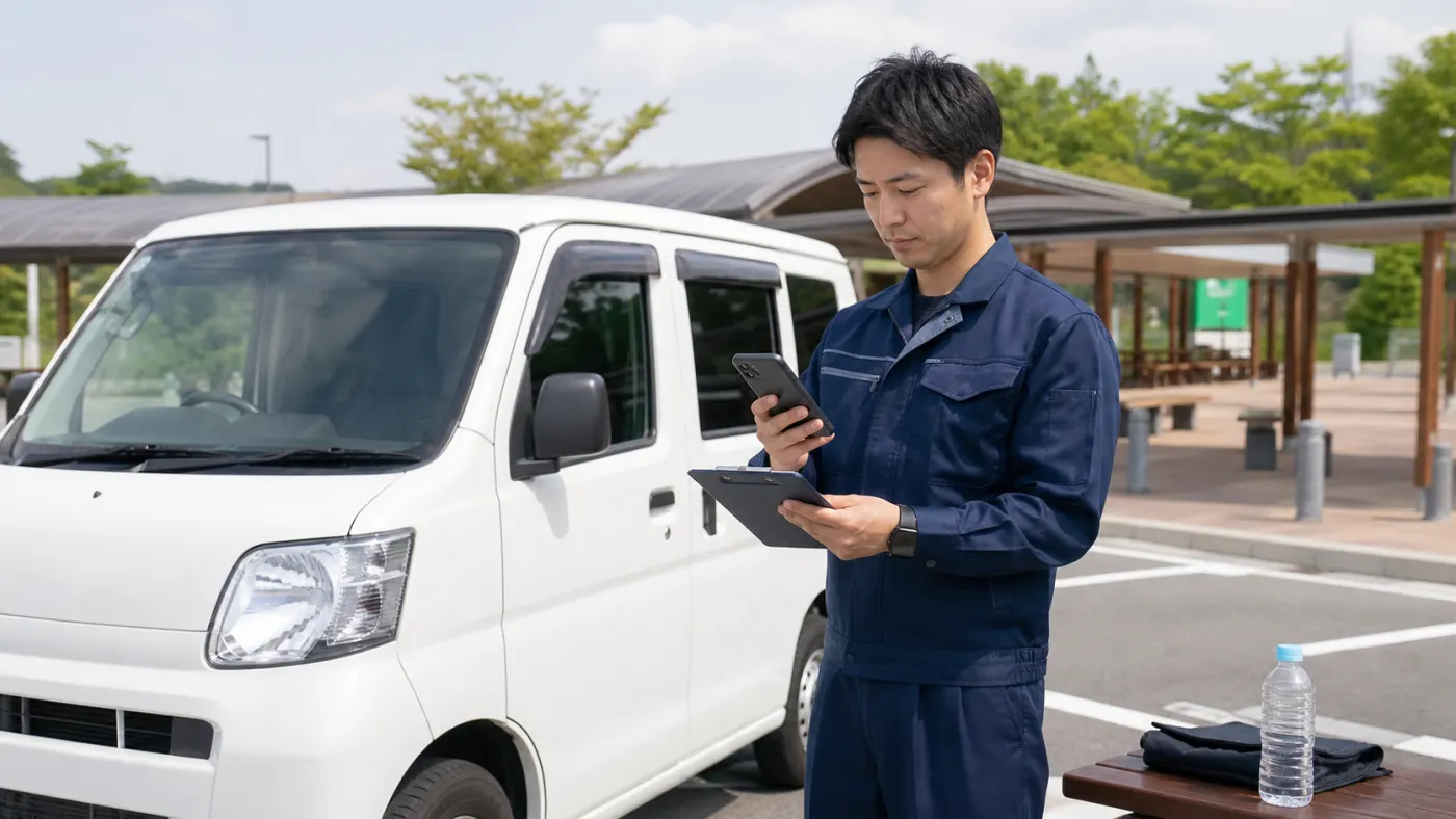 休憩場所でスマートフォンと記録表へ経過地点を残す軽貨物ドライバー