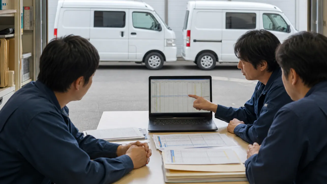 複数台の軽貨物車両を運転者別の月間記録で確認する配送会社
