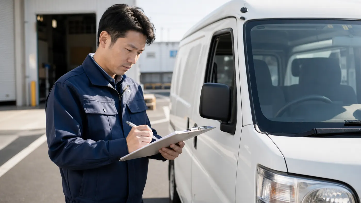乗務前に軽貨物車両と業務記録を確認するドライバー