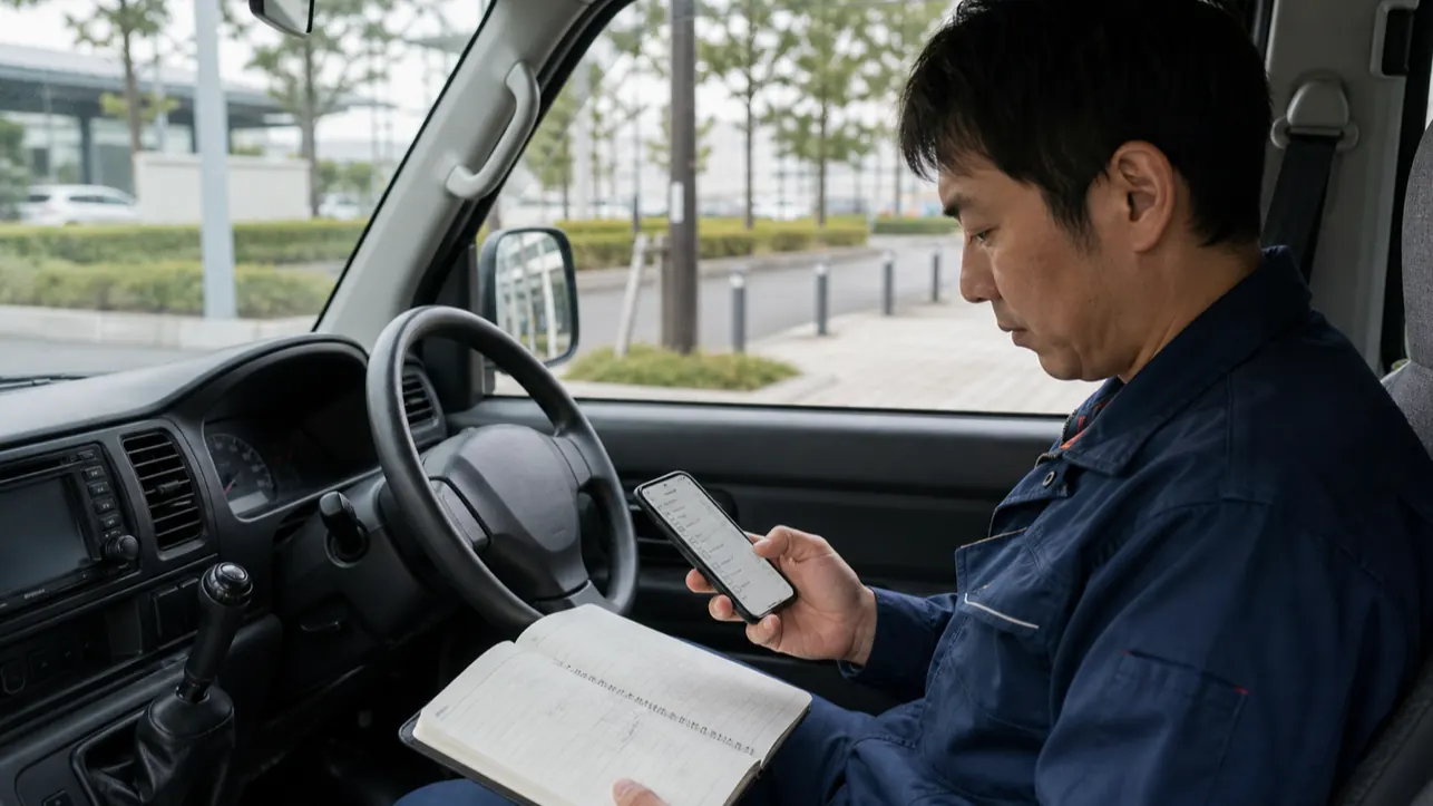 軽貨物ドライバーが休憩中にスマートフォンへ業務記録の6項目を入力する様子
