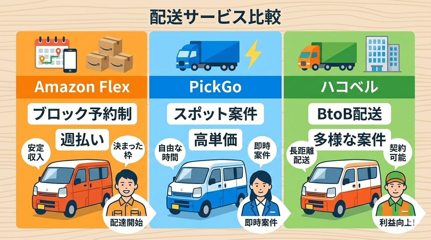 Amazon FlexとPickGoとハコベル比較表
