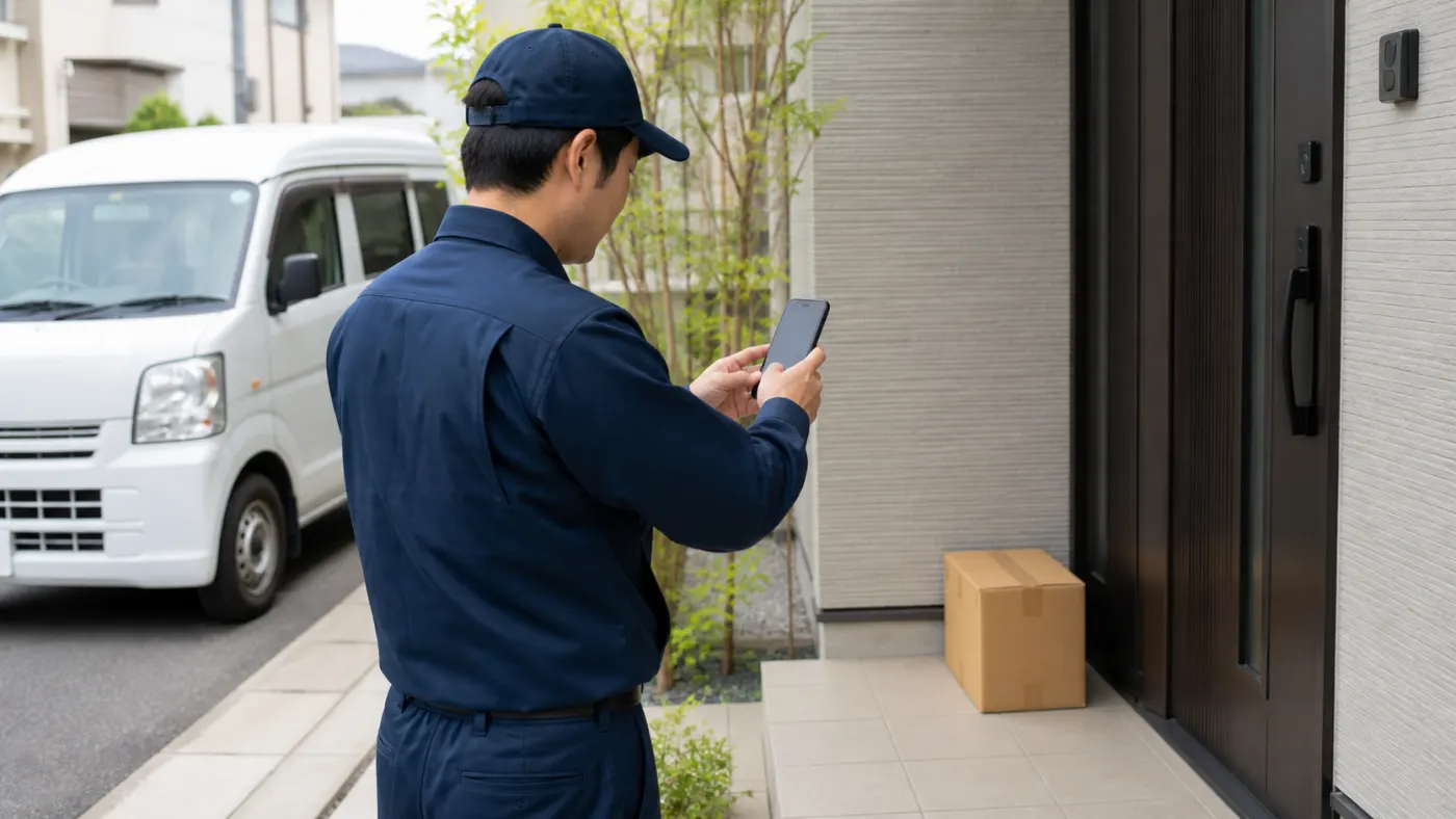 指定場所へ安全に置いた荷物の証拠写真を撮る軽貨物ドライバー