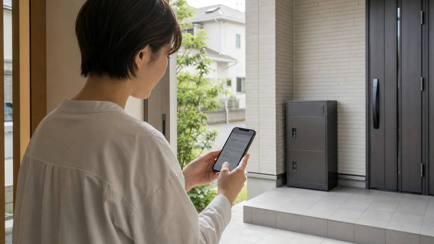 宅配ボックスの前で受取方法を設定する利用者