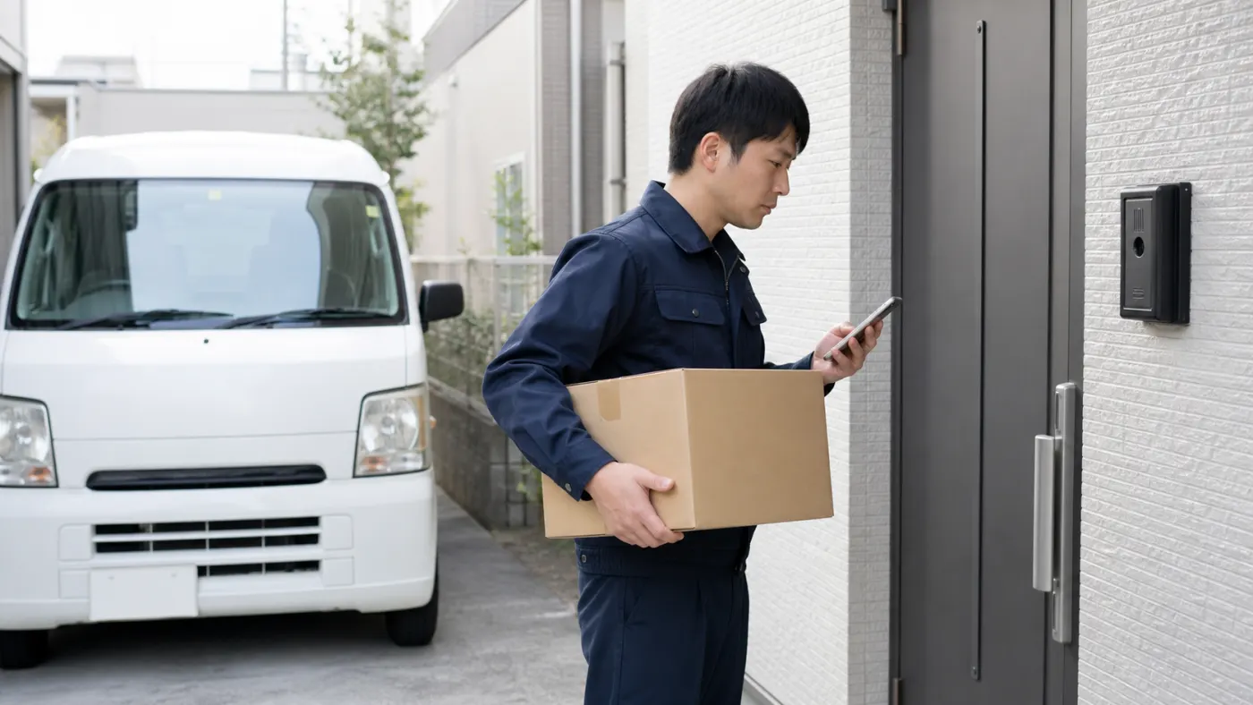 不在先の玄関で配送先情報を確認する軽貨物ドライバー
