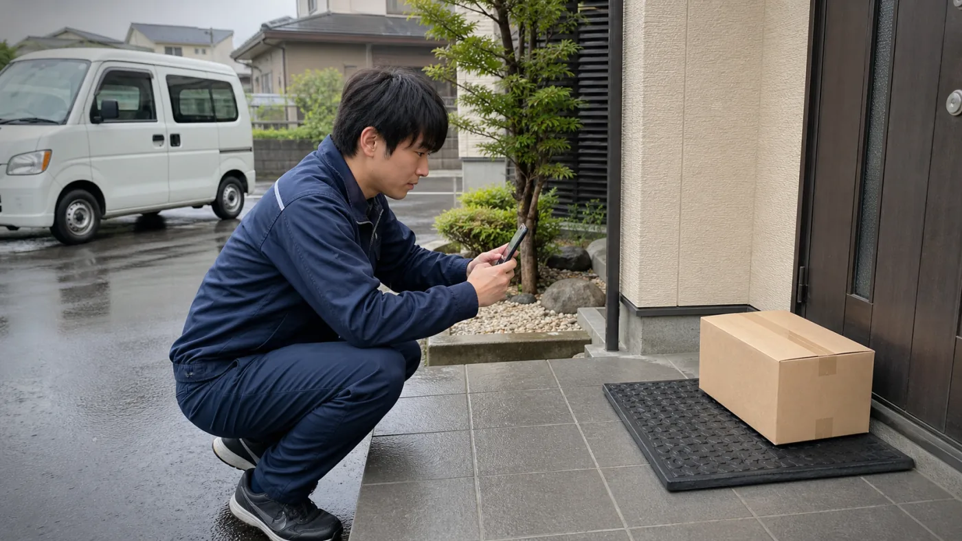雨天後に荷物の置き場所と証跡を確認する軽貨物ドライバー
