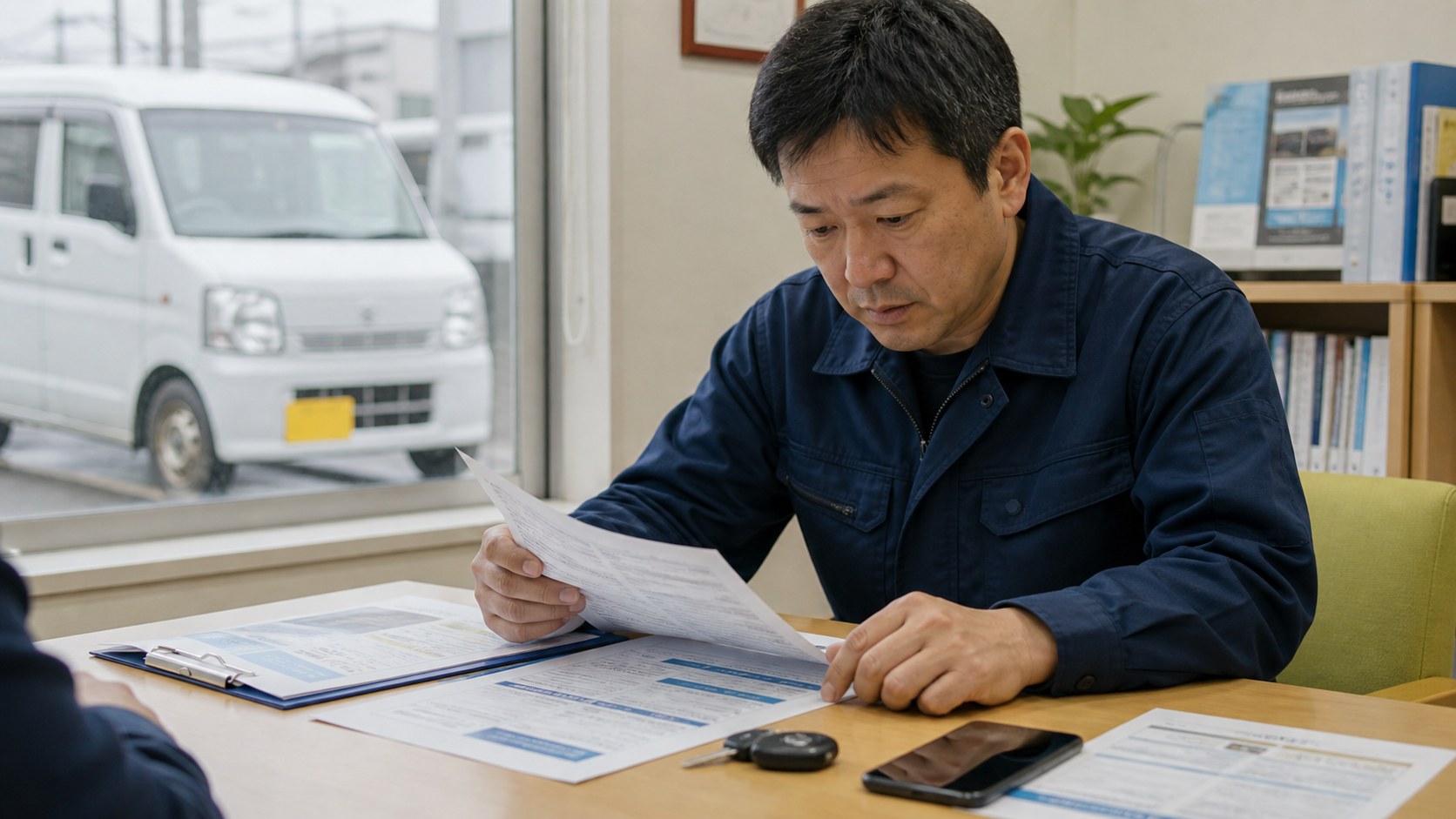 軽貨物ドライバーが保険と契約条件を確認する様子