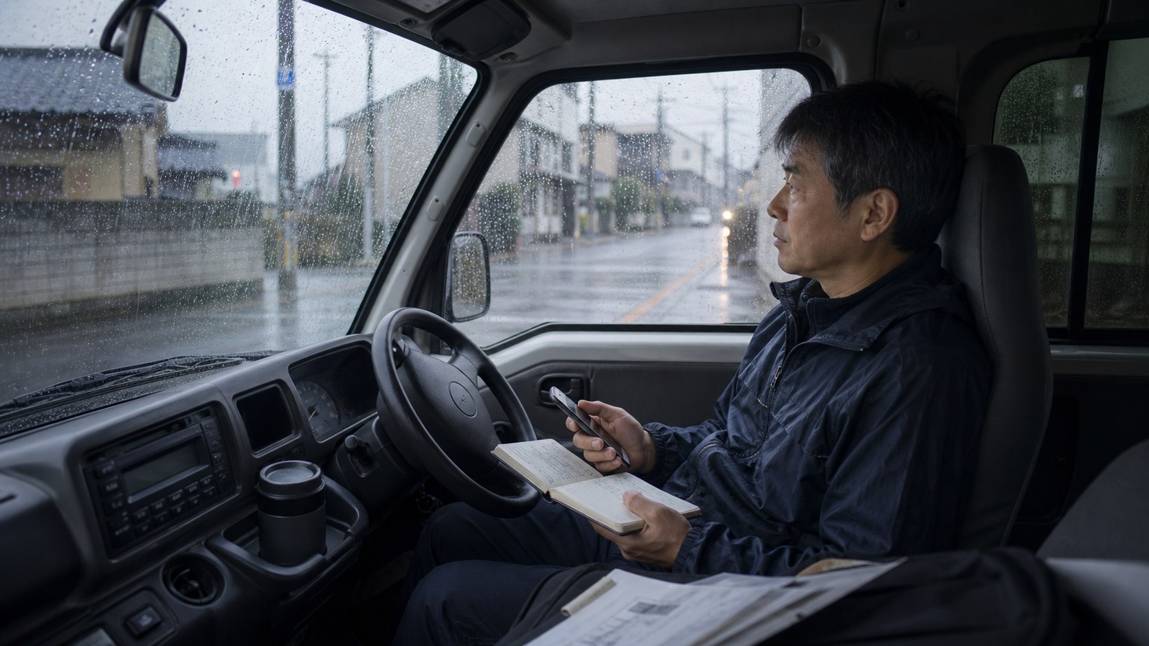 雨の日に軽貨物ドライバーが配送条件を確認する様子