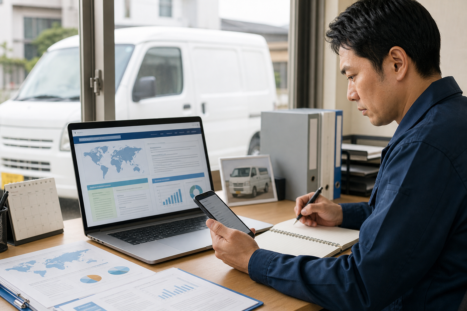 海外の配送安全規制情報を確認する軽貨物ドライバーの調査イメージ