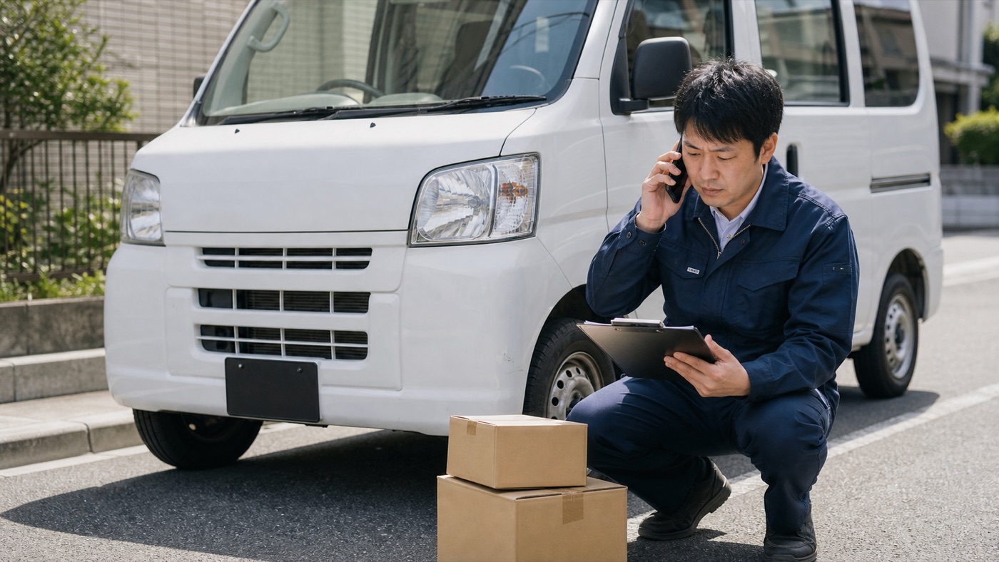 事故後に軽貨物ドライバーが保険会社と委託会社へ連絡している様子