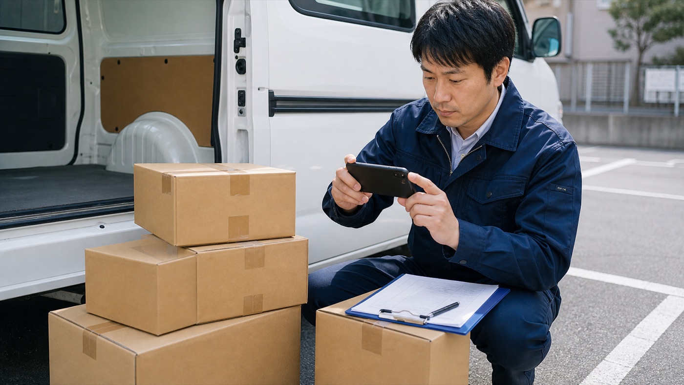 軽貨物ドライバーが荷物の重さと積み方を確認する様子