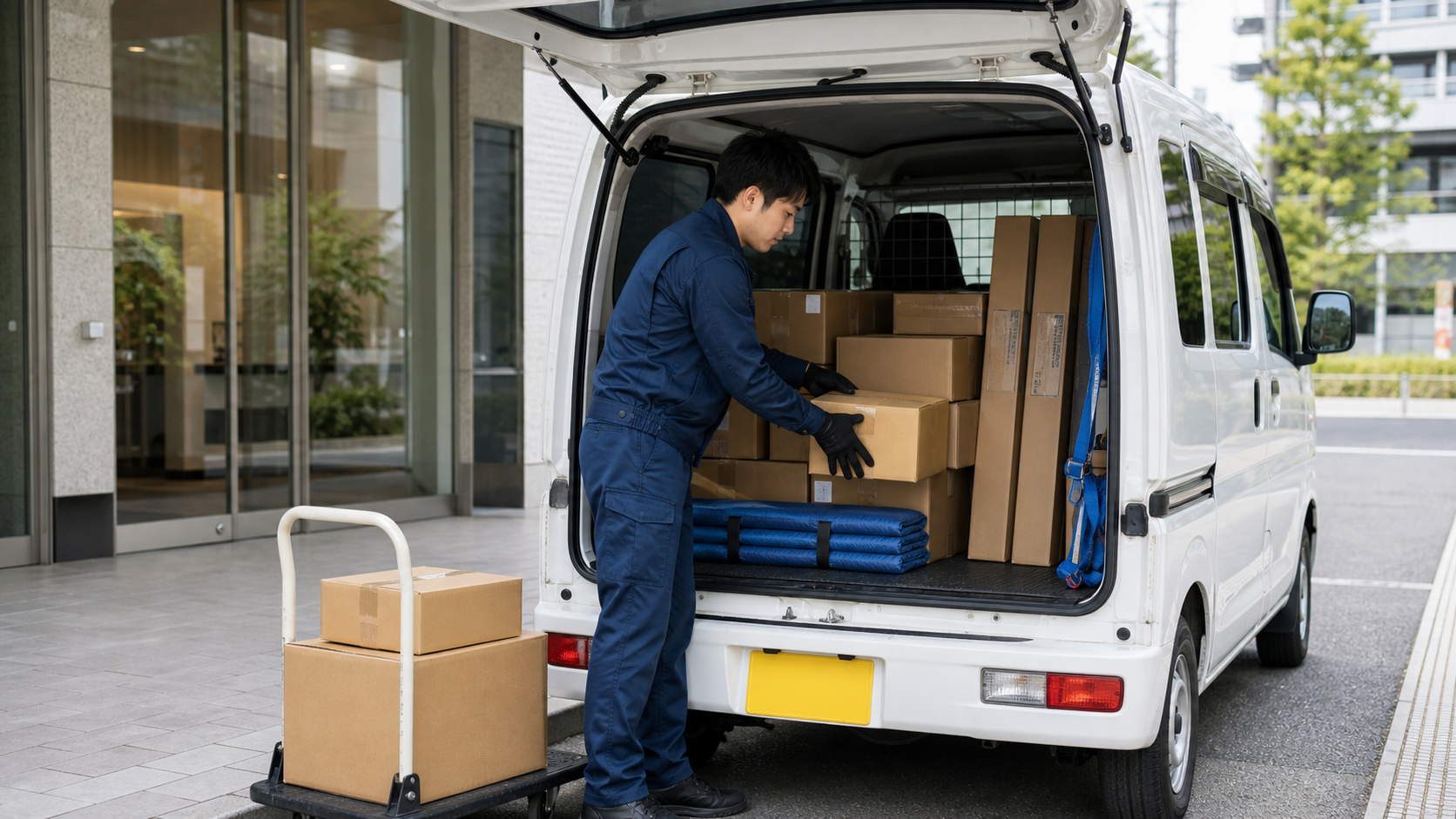 軽貨物チャーター便の荷物を荷崩れしないように積み込むドライバー