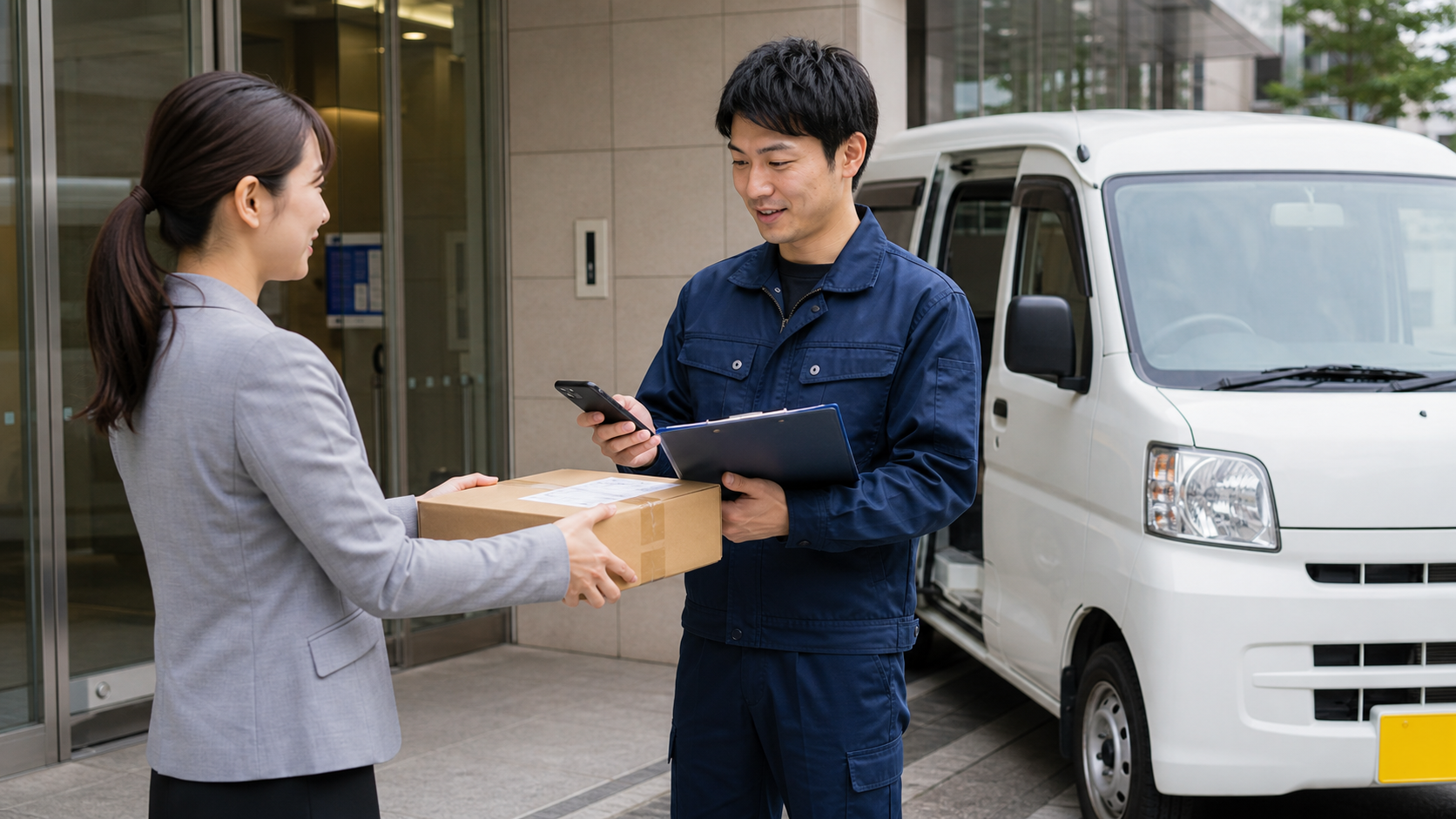 法人配送先で荷物を受け渡す軽貨物ドライバー