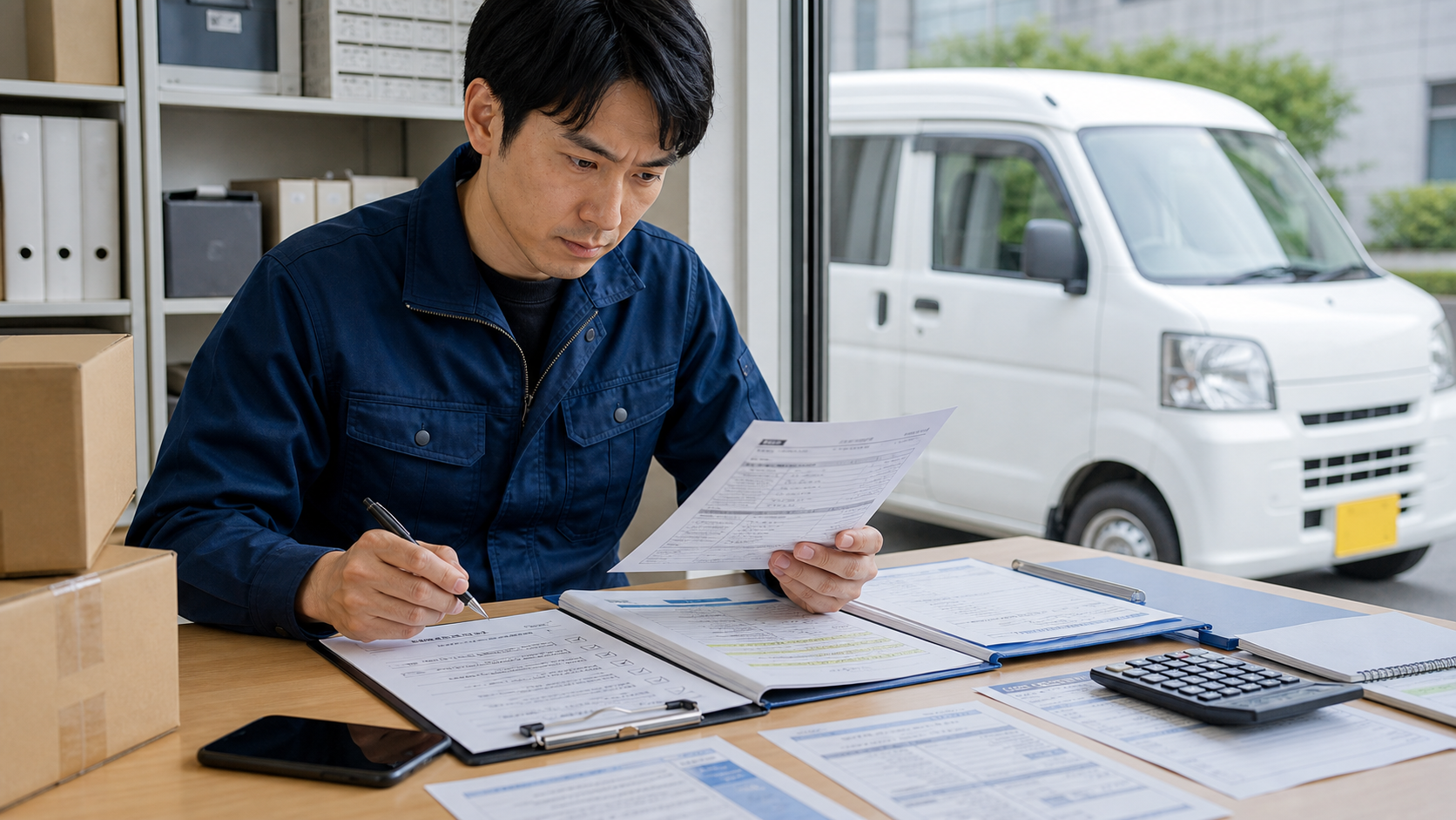 軽貨物スポット便の契約条件と補償を確認するドライバー