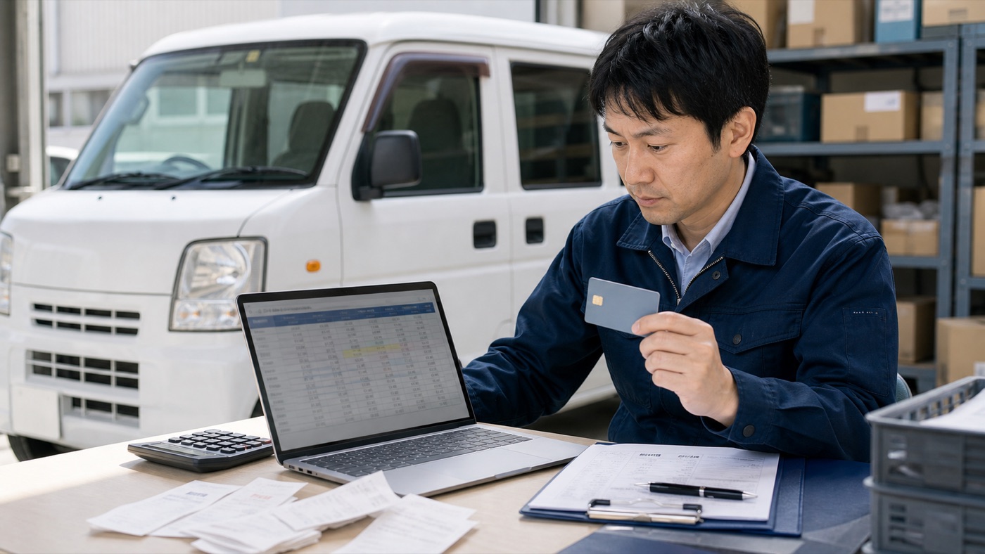 軽貨物ドライバーが高速代と経費明細を確認する様子