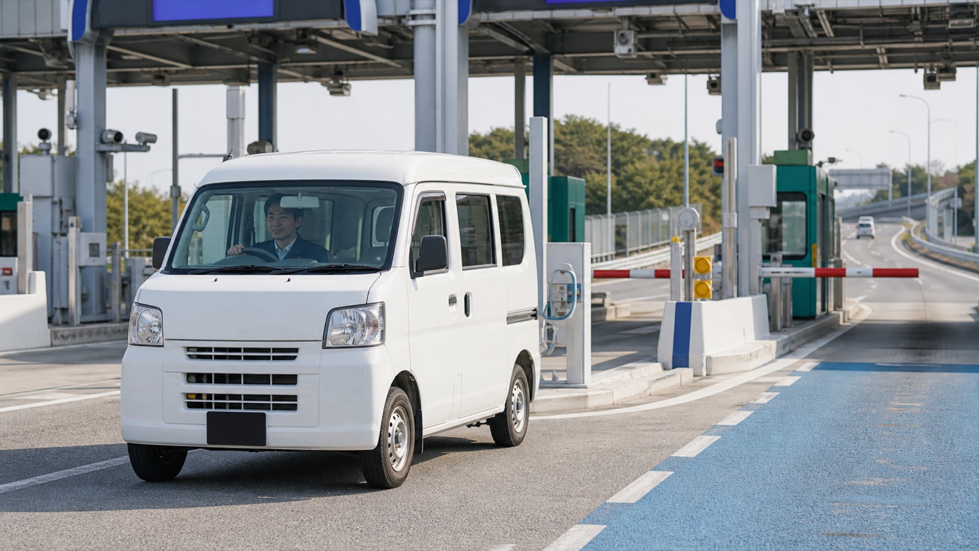 軽貨物の白い軽バンが高速道路の料金所を通過する様子