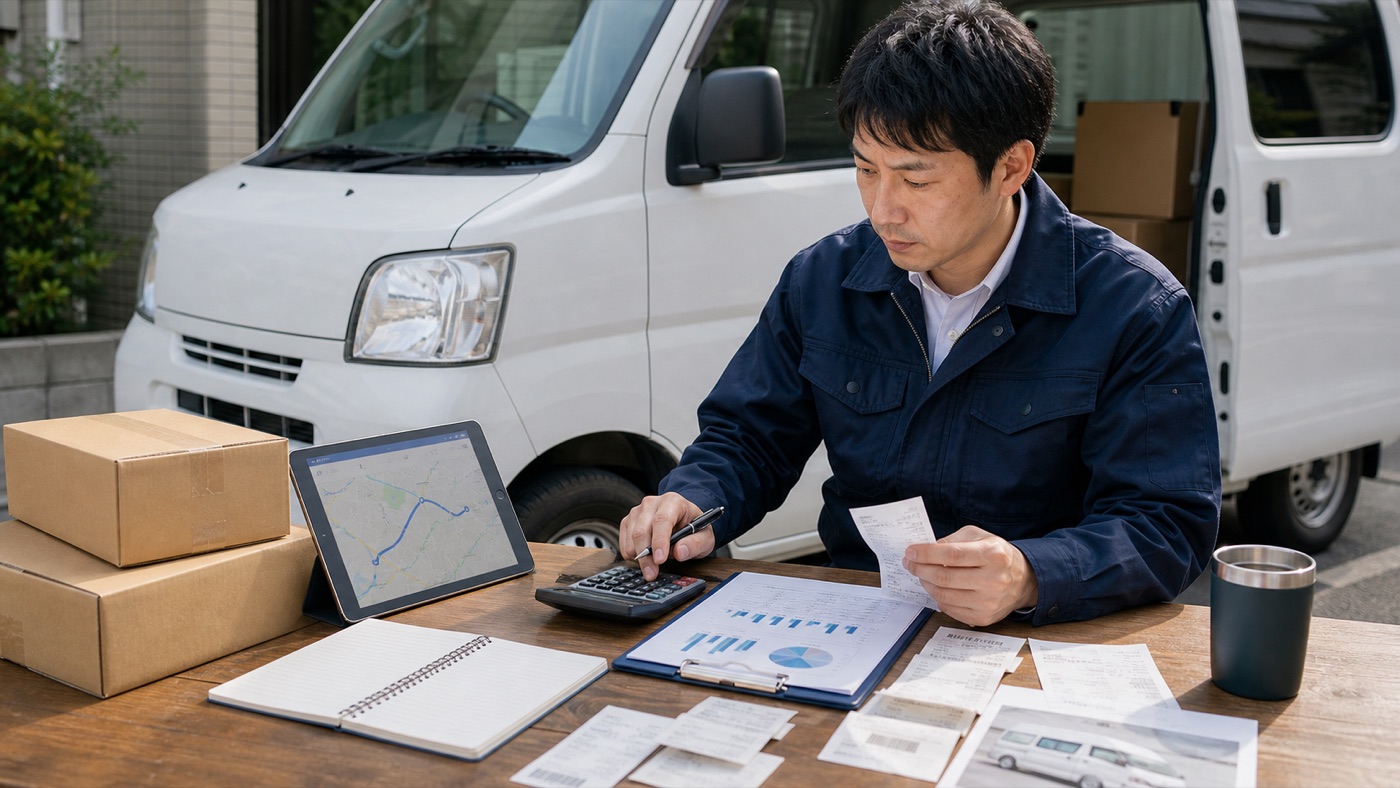 軽貨物ドライバーが燃料費や車両費を比較している様子