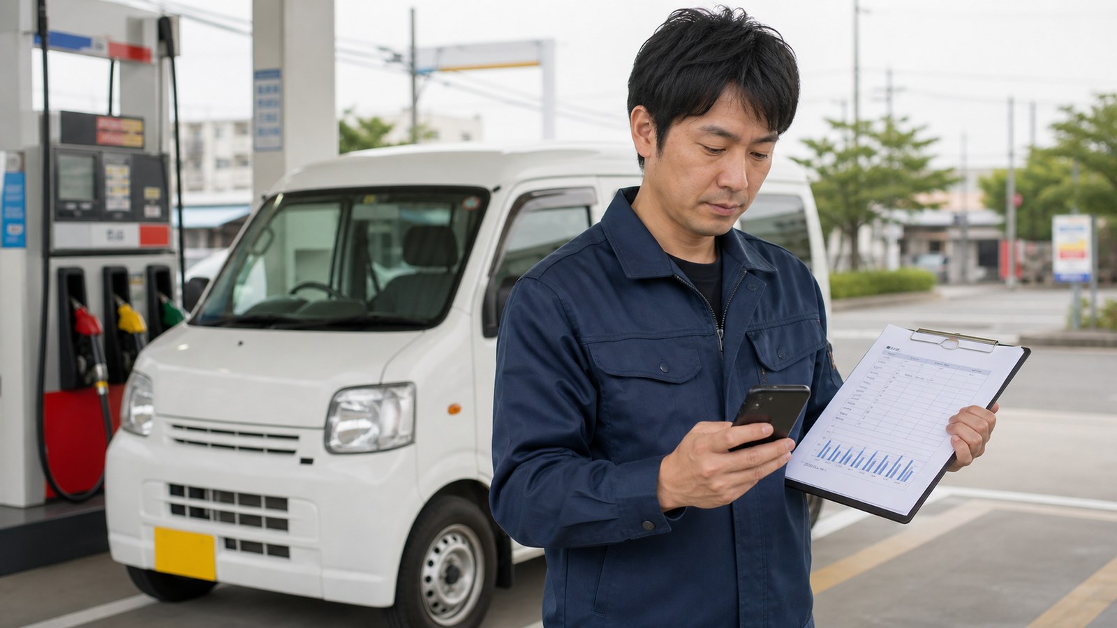 軽貨物ドライバーが給油所で燃料費とガソリンカード明細を確認している様子