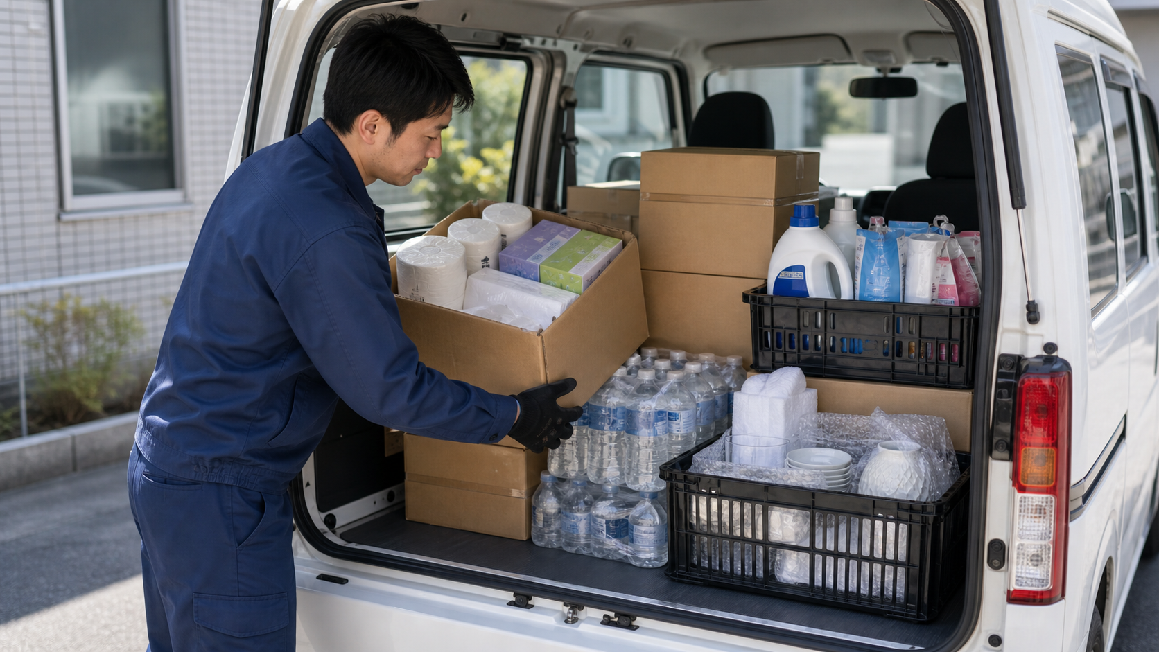 日用品配送の荷物を軽バンに整理して積むドライバー