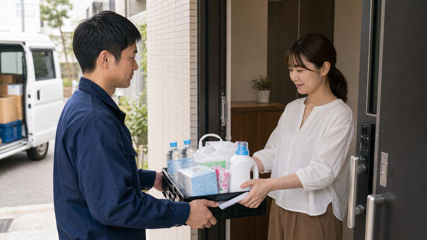 日用品を玄関先で受け渡す軽貨物ドライバー