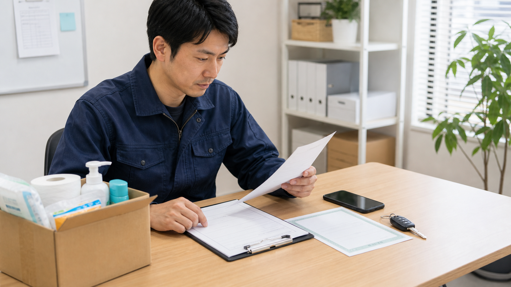 買い物代行配送の契約条件と保険を確認するドライバー