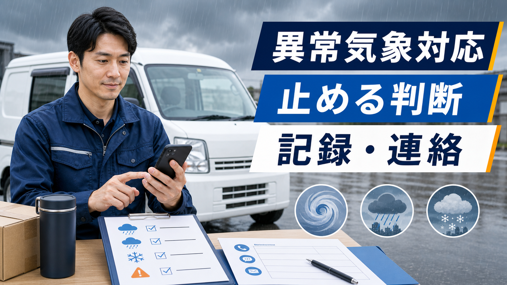 軽貨物ドライバーが異常気象時の止める判断と記録・連絡を確認するサムネイル