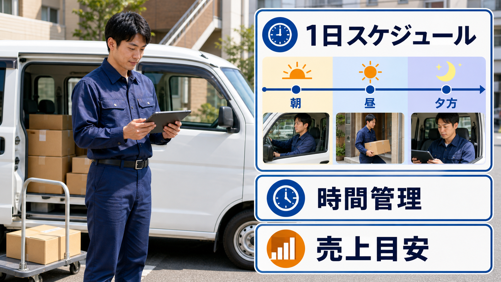 軽貨物ドライバーの1日スケジュールと時間管理、売上目安を確認するサムネイル