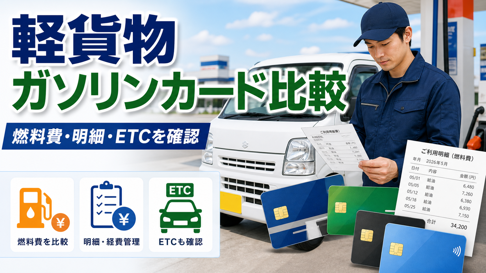 軽貨物ドライバーがガソリンカードと燃料費明細を比較しているサムネイル