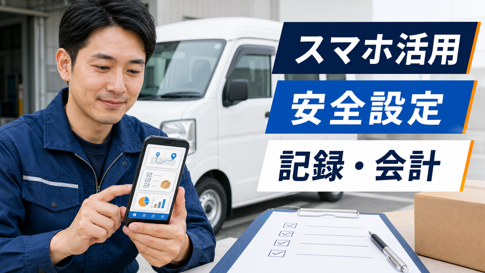 軽貨物ドライバーがスマホアプリの安全設定・記録・会計を確認するサムネイル