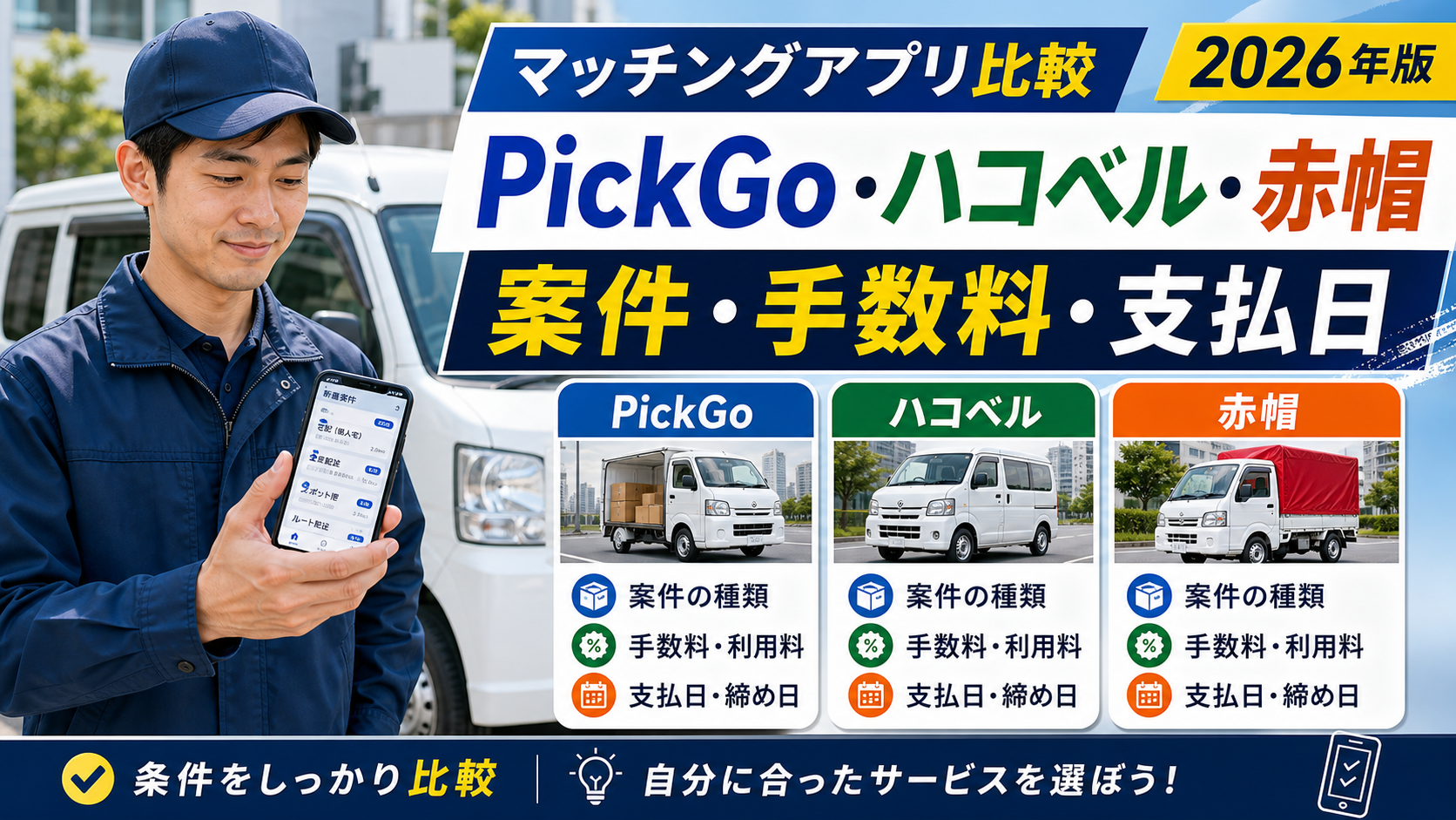 軽貨物マッチングアプリ比較 PickGo ハコベル 赤帽の特徴アイキャッチ