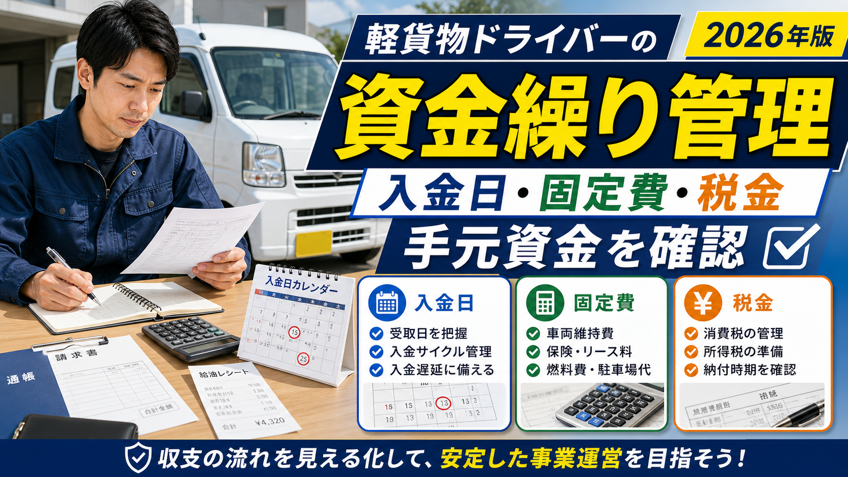 軽貨物ドライバーの資金繰り管理 入金日 固定費 税金確認のアイキャッチ