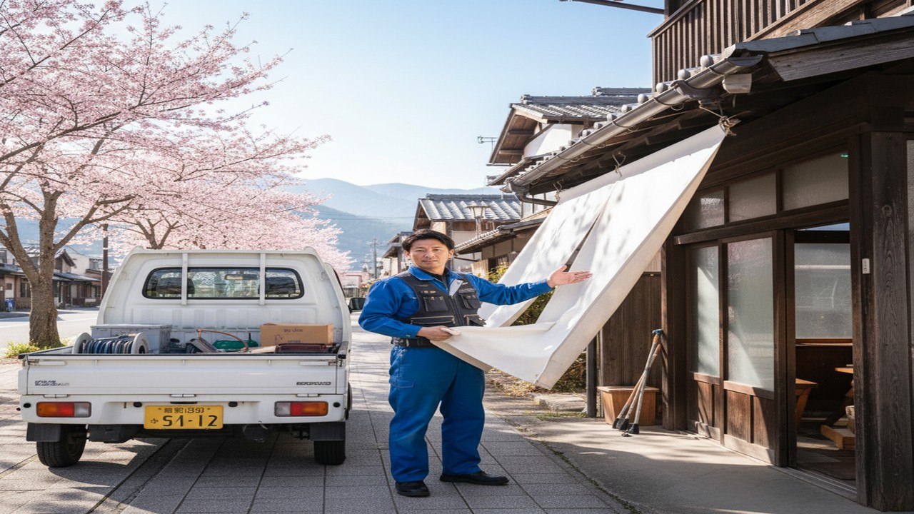 軽トラックの前に立つドライバー