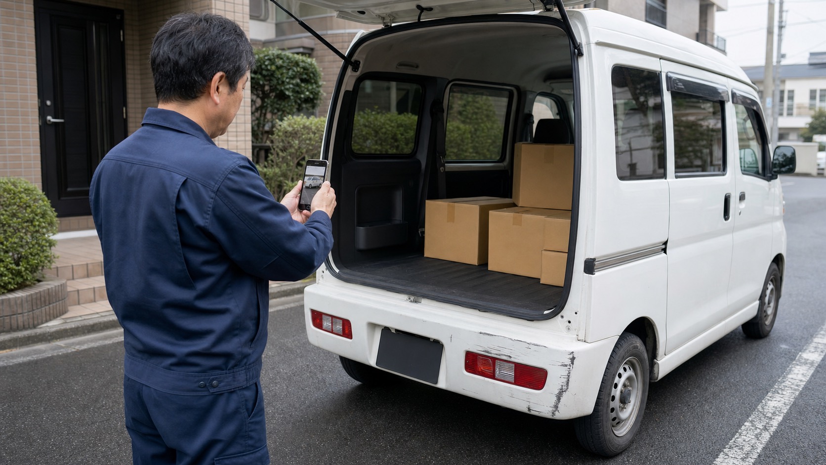 荷物と車両の損傷を撮影して記録する軽貨物ドライバー