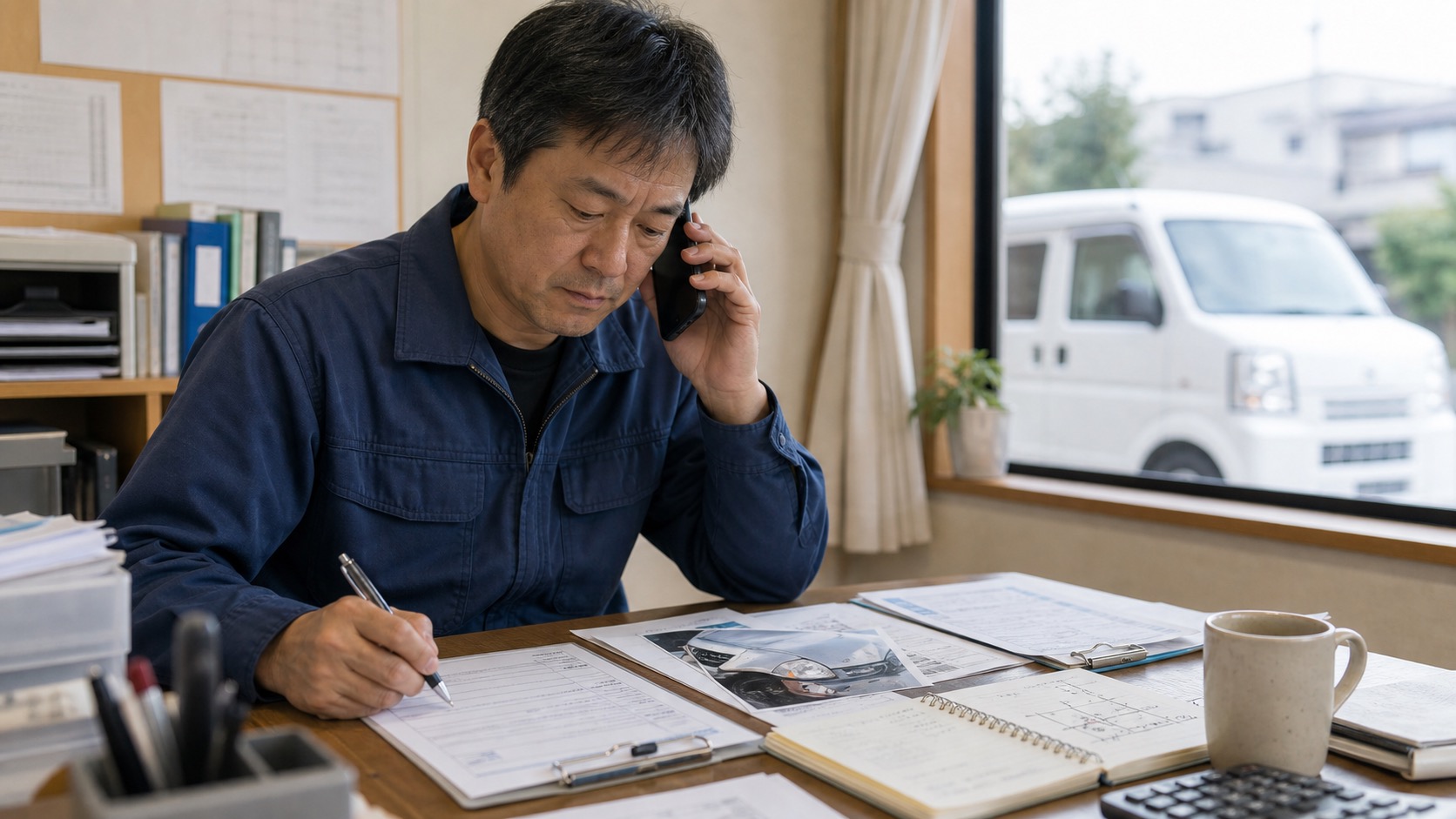 事故後に保険会社へ連絡し記録を整理する軽貨物ドライバー