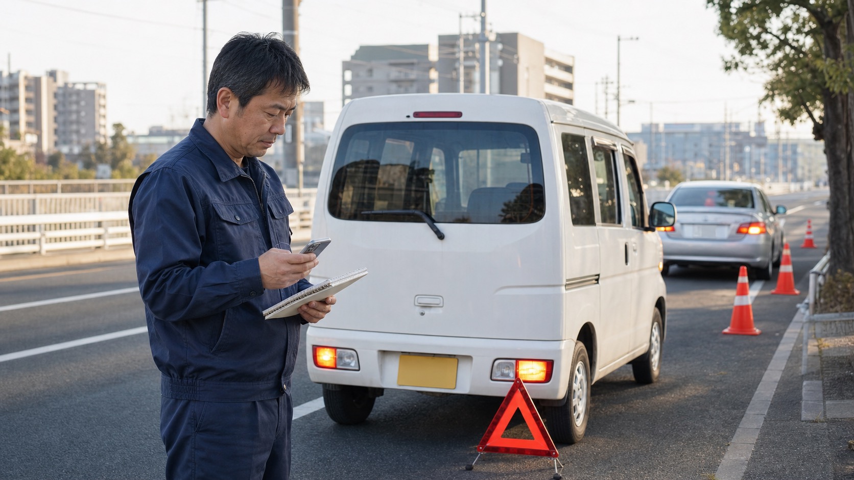 事故直後に安全確保をする軽貨物ドライバー