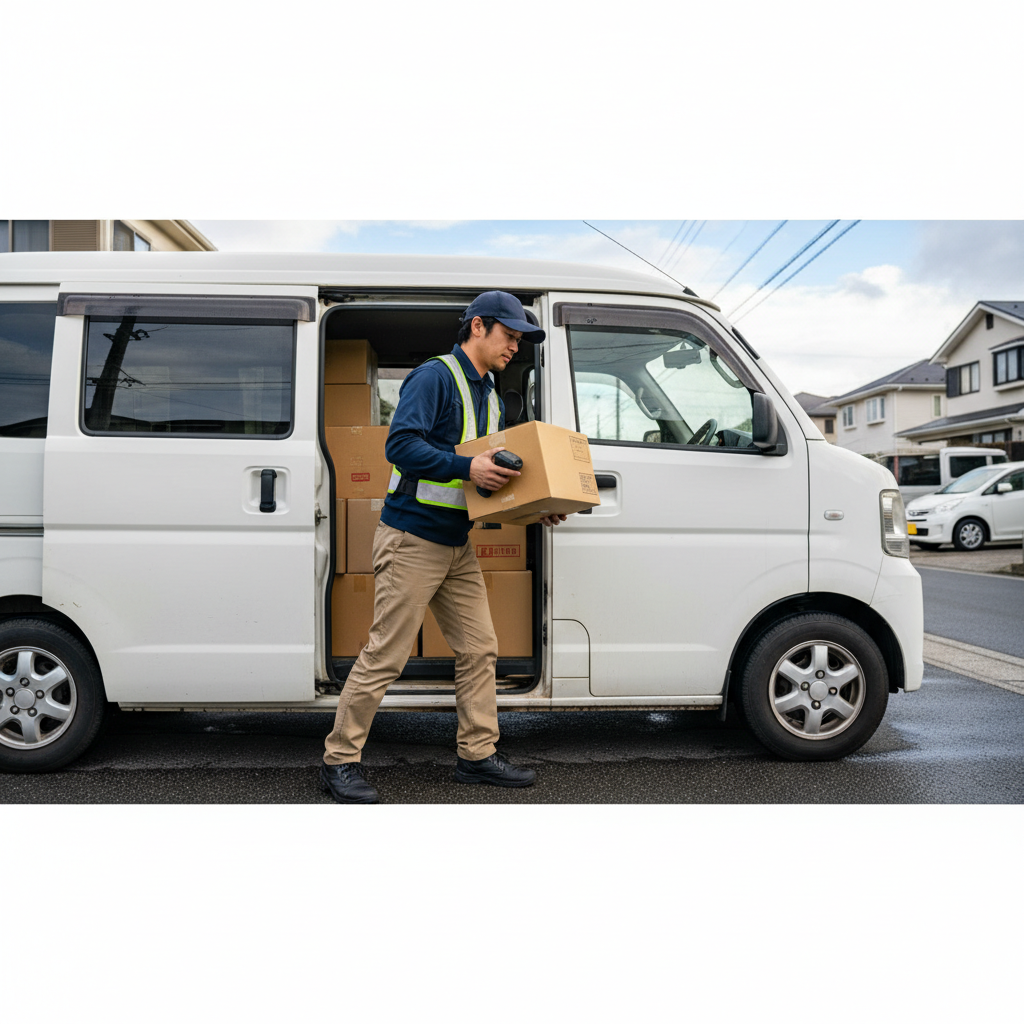 軽バンで荷物配送中のドライバー