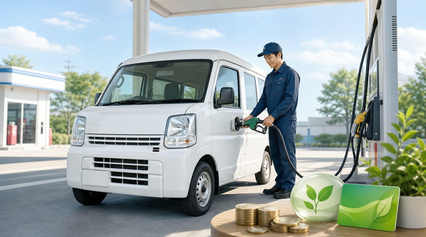 ガソリンスタンドで給油する軽貨物ドライバーのイメージ