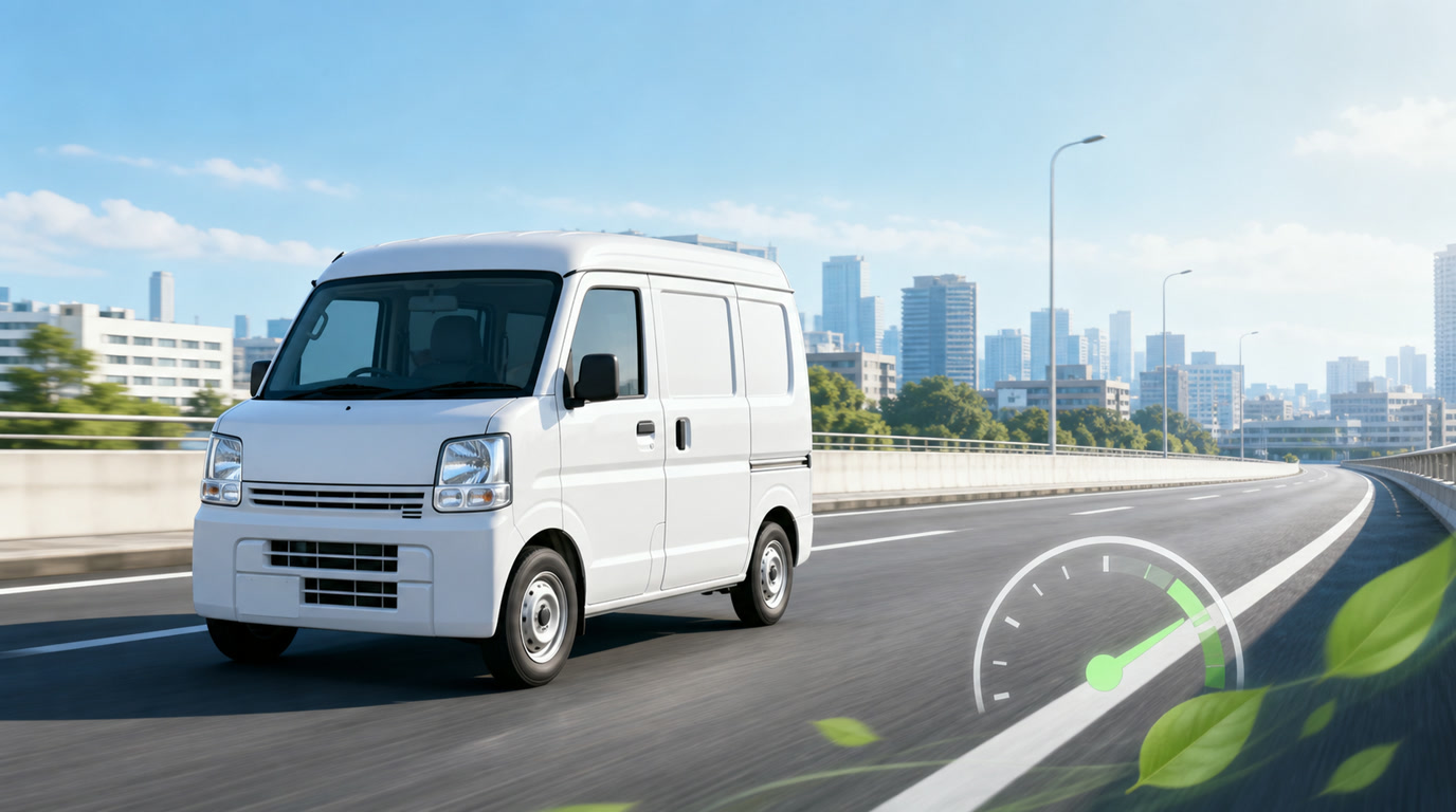 高速道路を走る軽貨物バンと燃費改善のイメージ