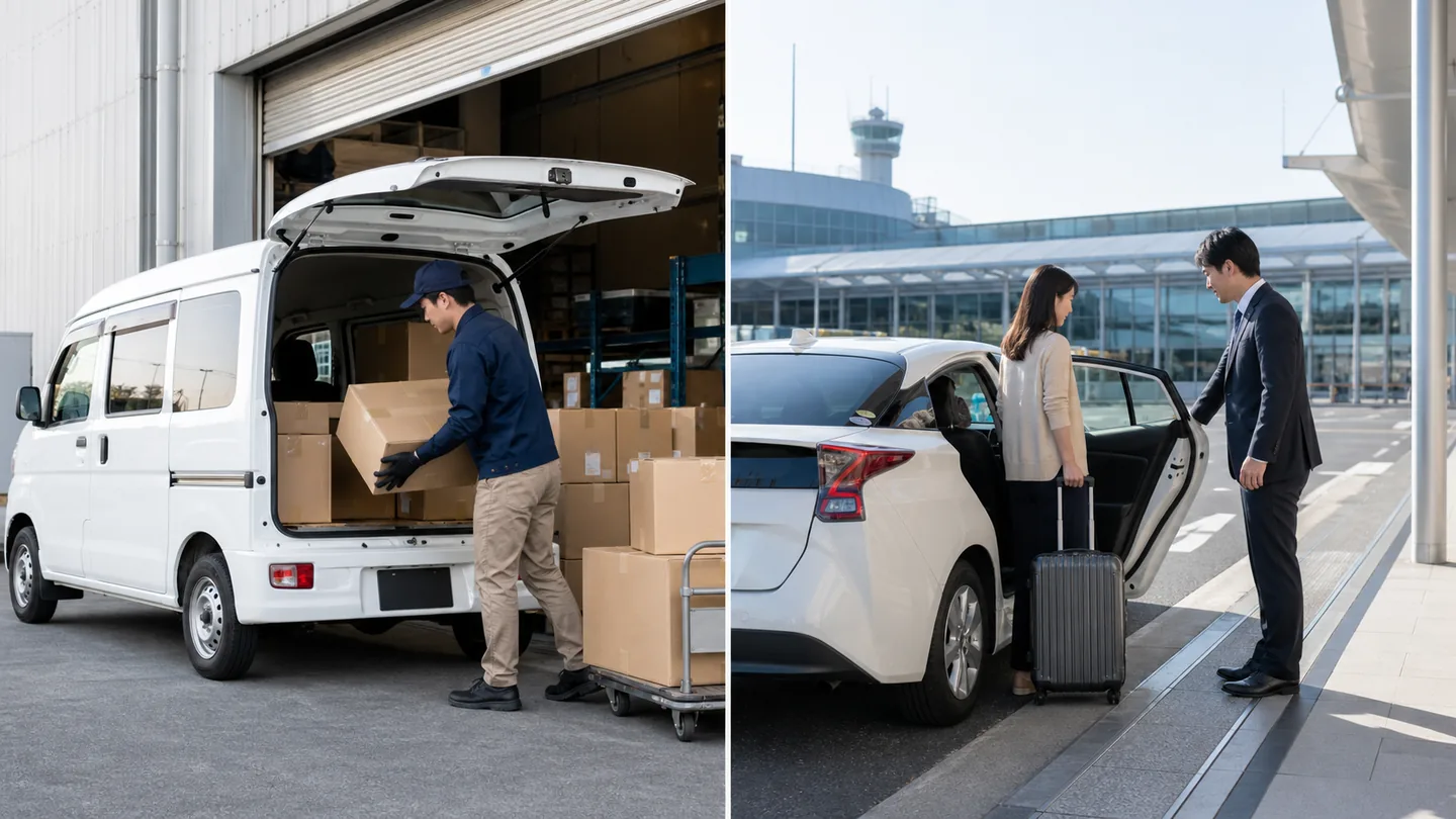 貨物を運ぶ軽バンと旅客を運ぶ自家用車の比較イメージ