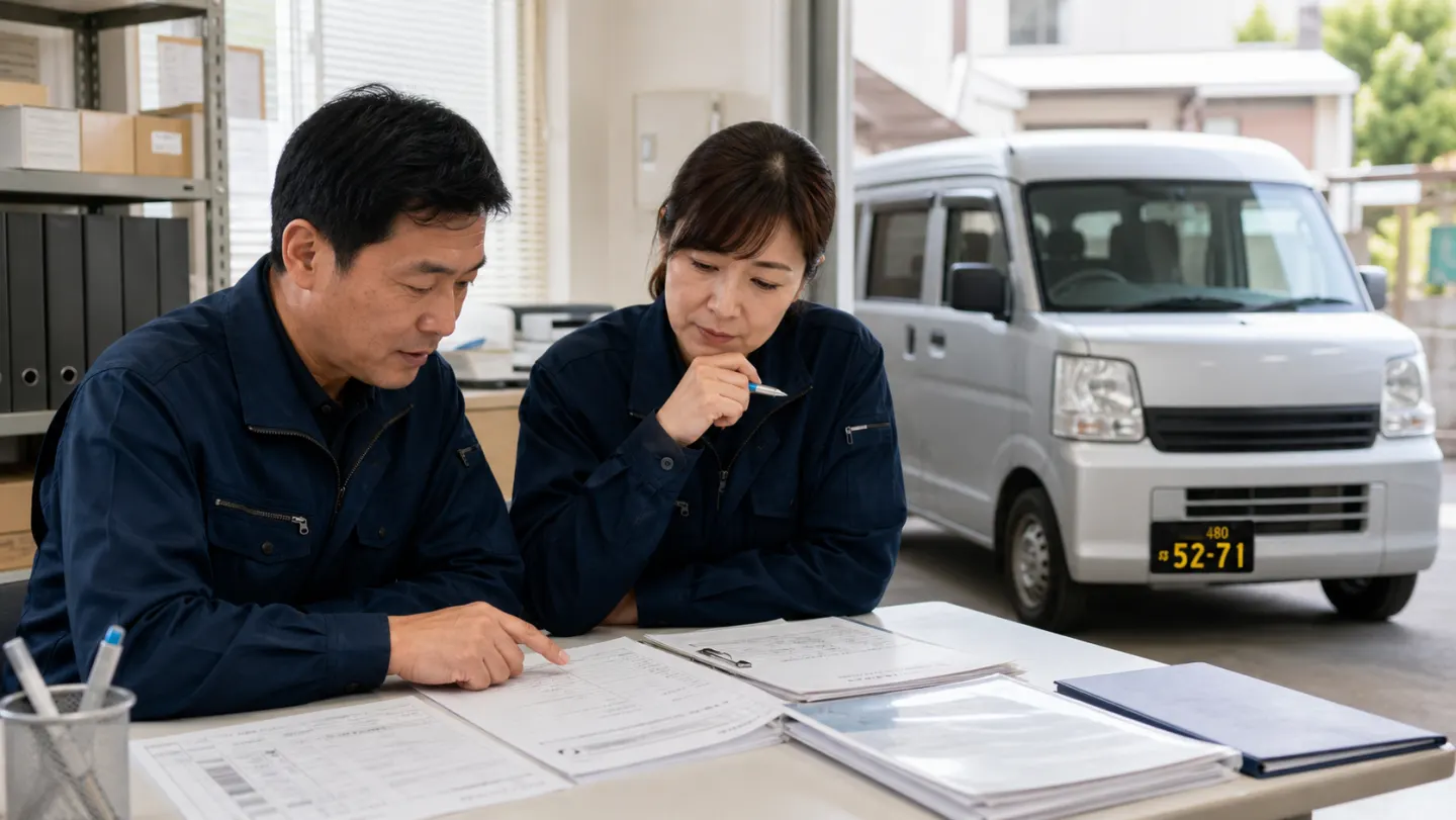 配送会社の経営者と配車担当が黒ナンバー車両と委託先書類を確認する様子